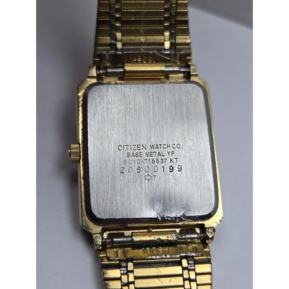 Vintage Citizen Mens Quartz Gold Tone Tank Black Dial Calendar Watch New Battery